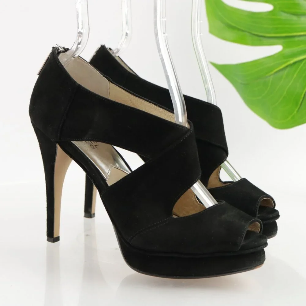Michael Kors Women Elena Sandal Size 7.5 Black Suede Platform Heel Peep Toe Shoe
